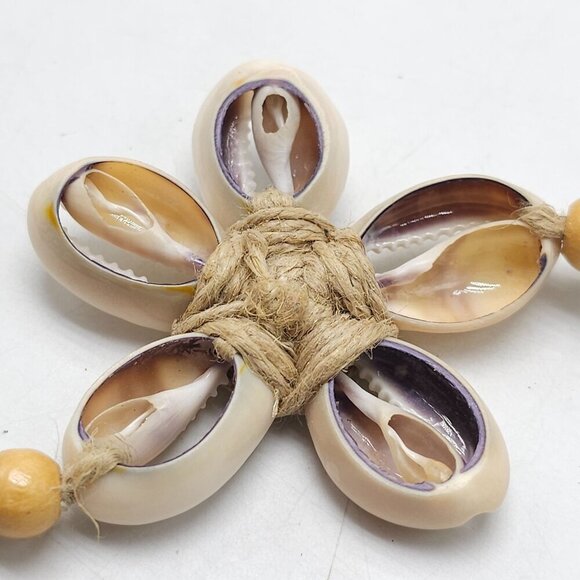 Bohemian Cowrie Shell Necklace With Braided Cord Wood Beads Vintage - Picture 4 of 6